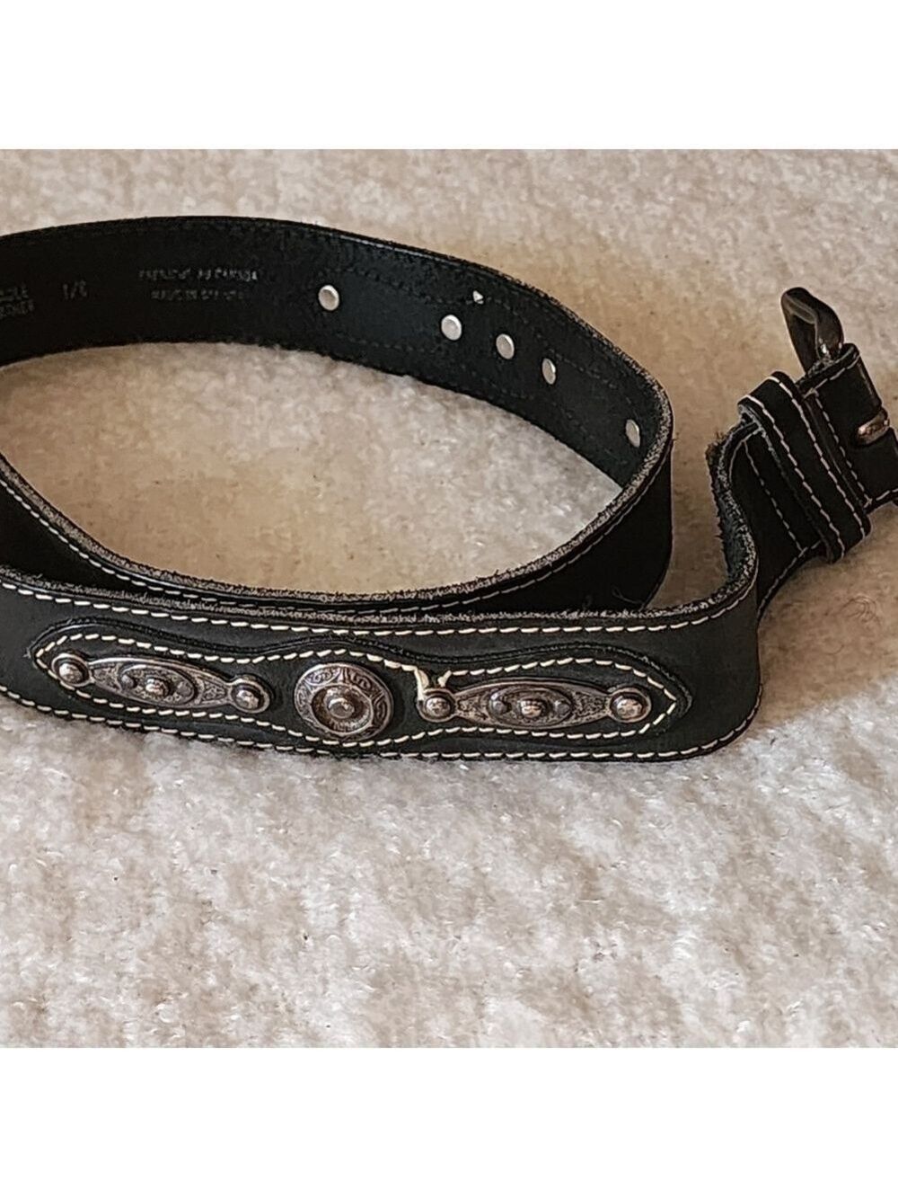 Western genuine leather belt color black with silver embellishments size large - Picture 4 of 7